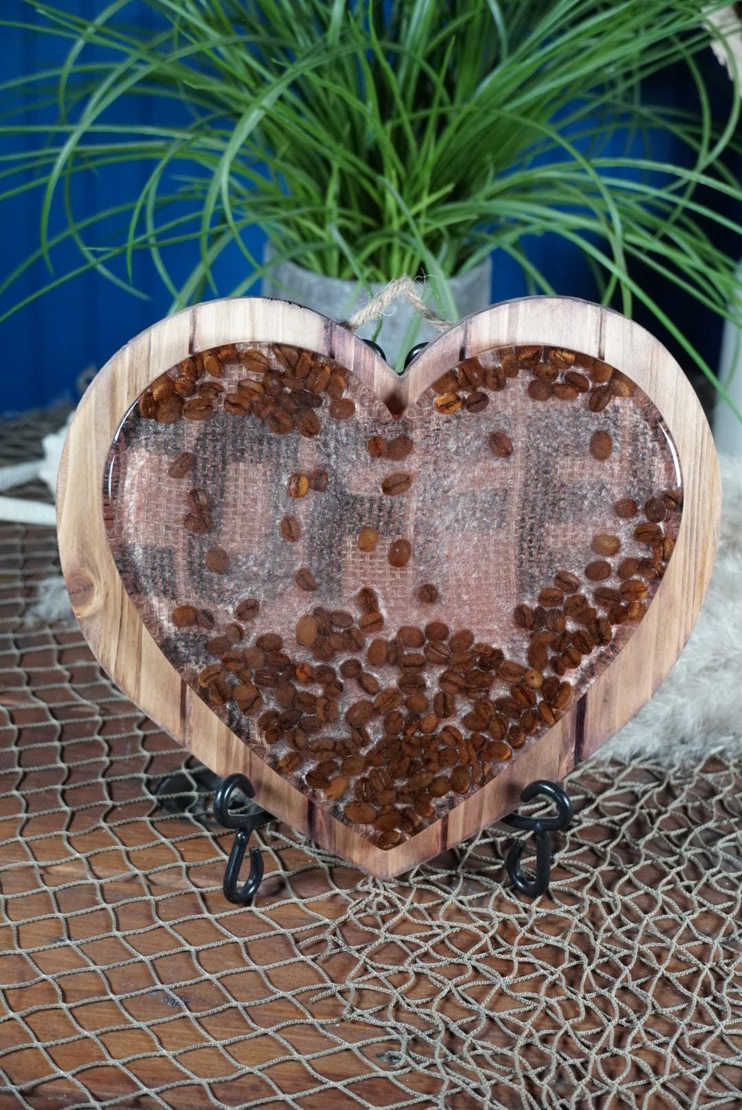 Coffee Bean Heart on Stained Wood | Coffee Decor | Epoxy Resin