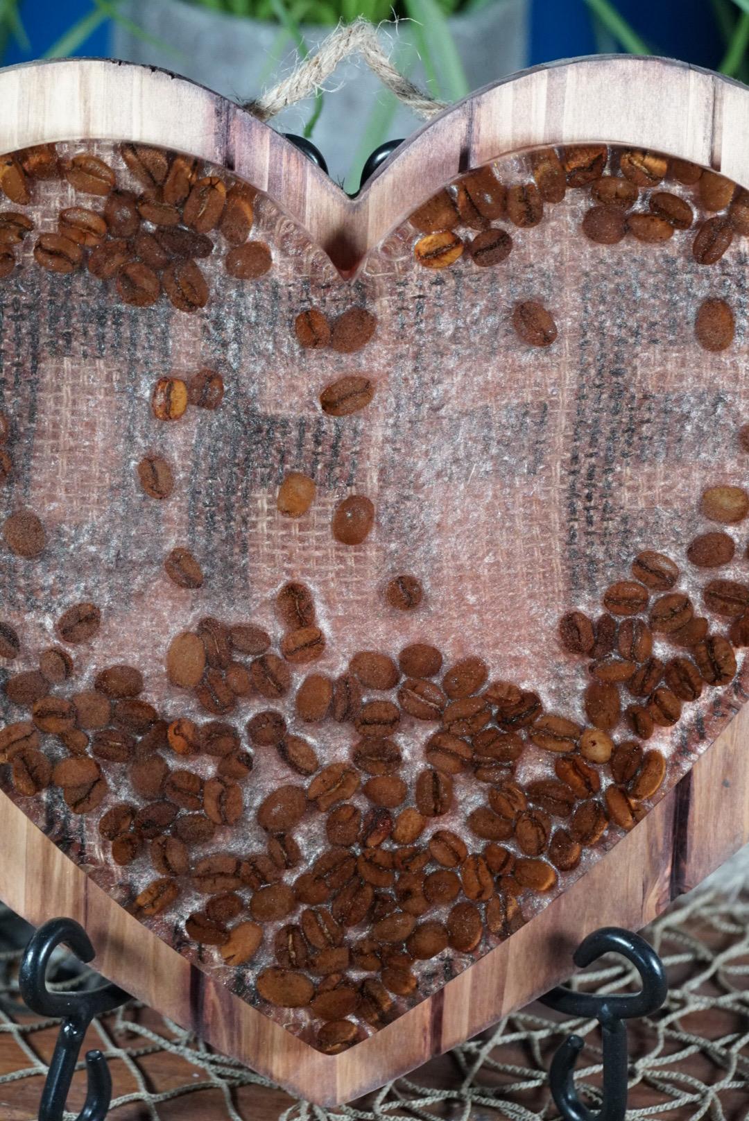 Coffee Bean Heart on Stained Wood | Coffee Decor | Epoxy Resin