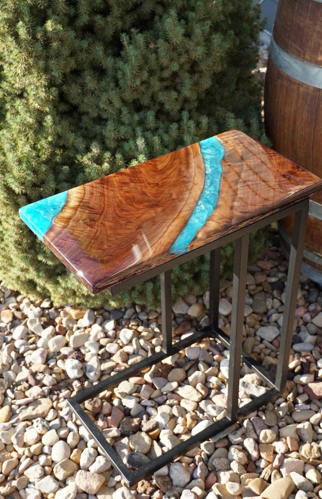 Turquoise Blue Epoxy and Walnut River Table, Accent Table, Side Table, End Table, C-Table