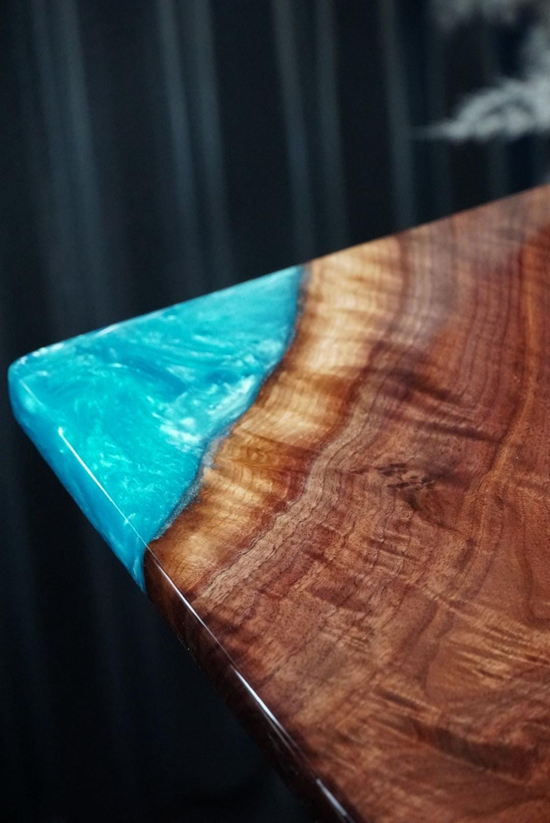 Turquoise Blue Epoxy and Walnut River Table, Accent Table, Side Table, End Table, C-Table