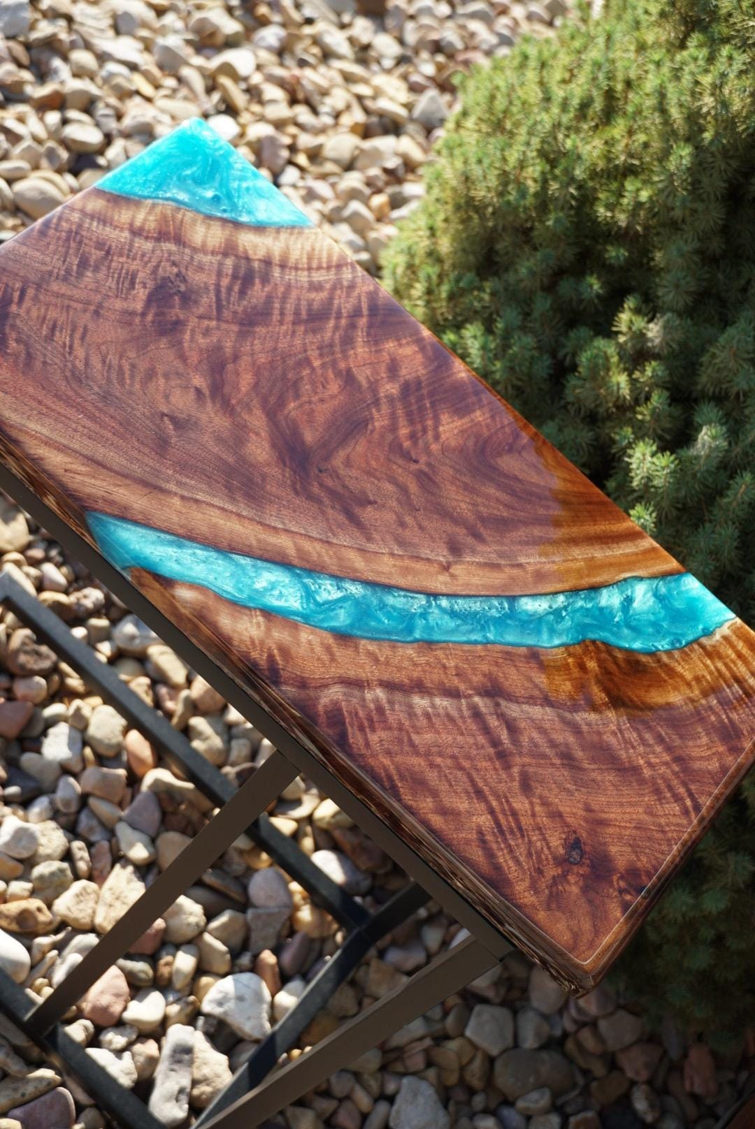 Turquoise Blue Epoxy and Walnut River Table, Accent Table, Side Table, End Table, C-Table