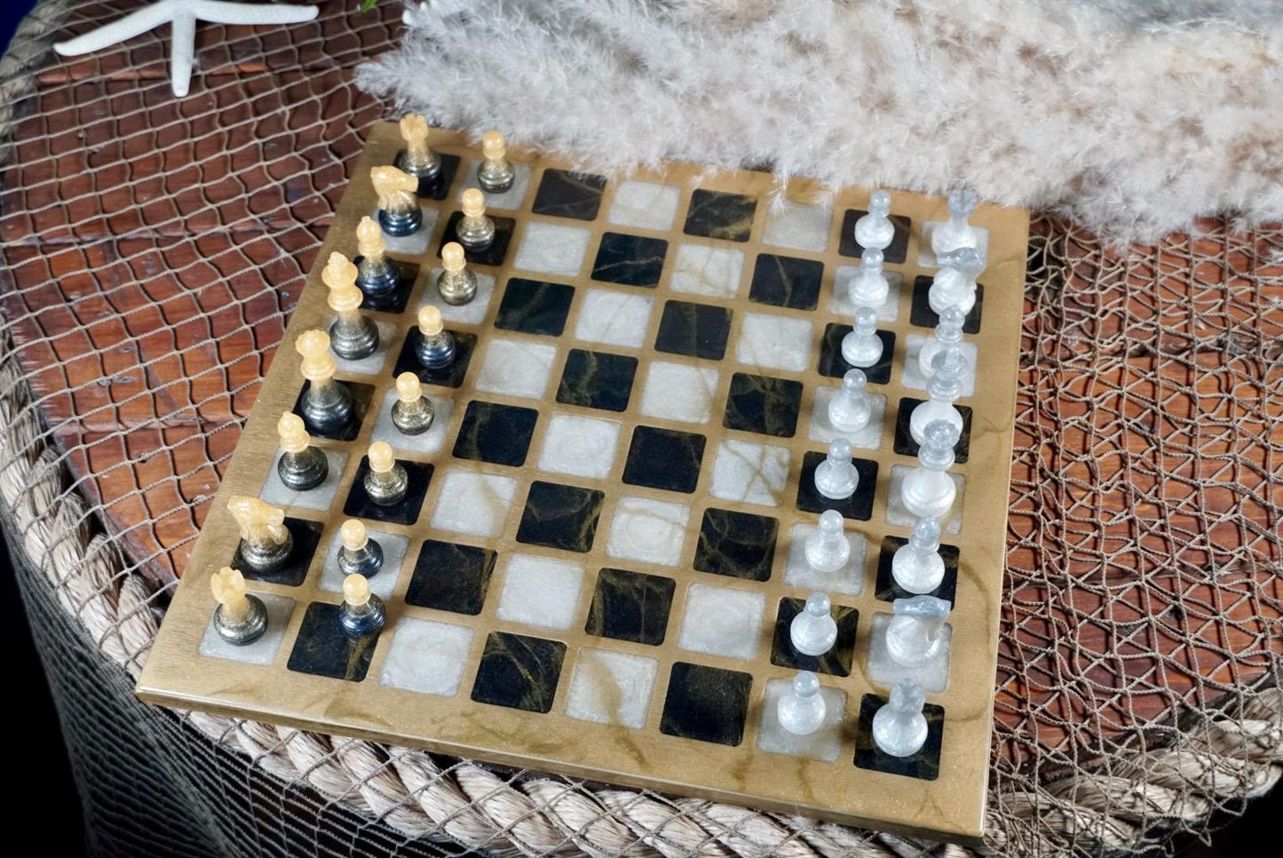 Black Gold and Pearl Elegant Marble Chess Set