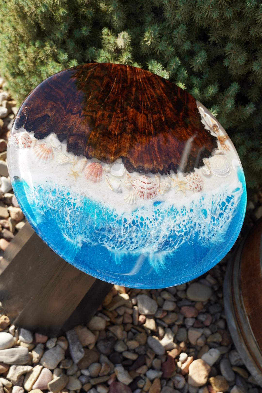 Ocean scape Sea Shell | Walnut Burl | Seaside Accent Table | Side Table | End Table