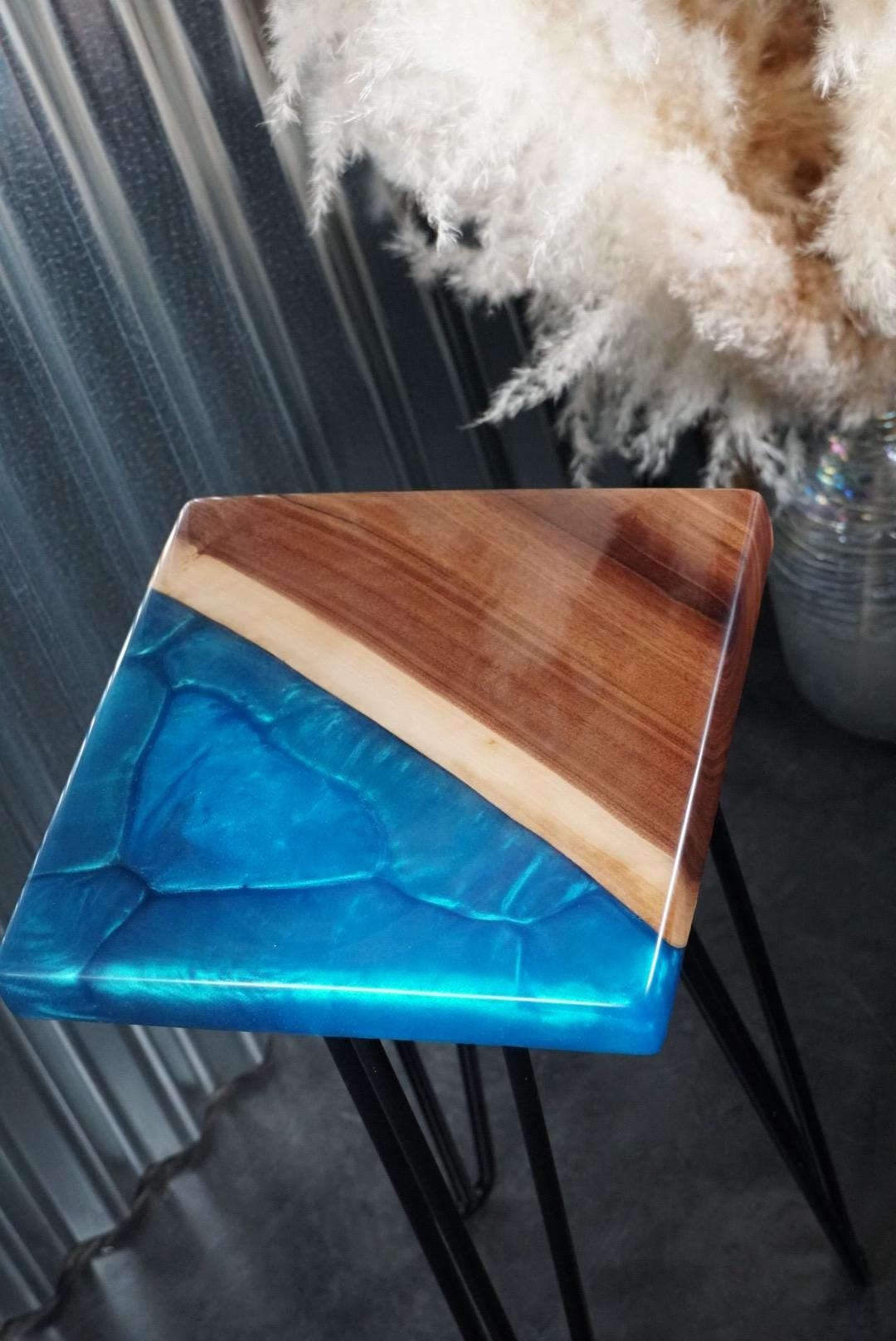 Blue Epoxy and Walnut Wood Accent Table, Side Table, End Table