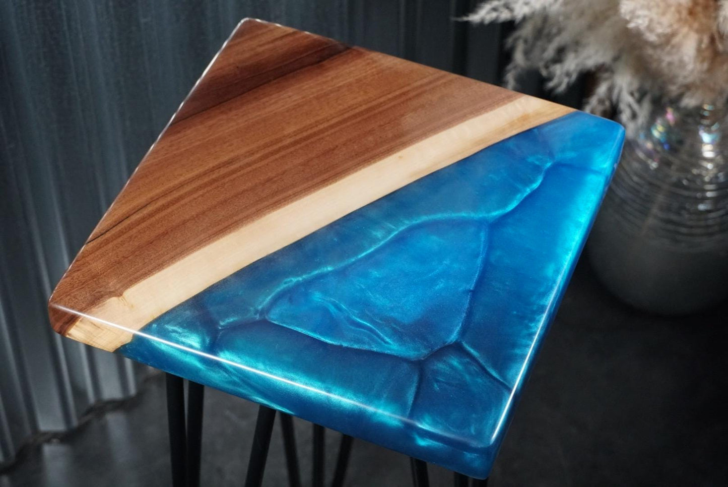 Blue Epoxy and Walnut Wood Accent Table, Side Table, End Table