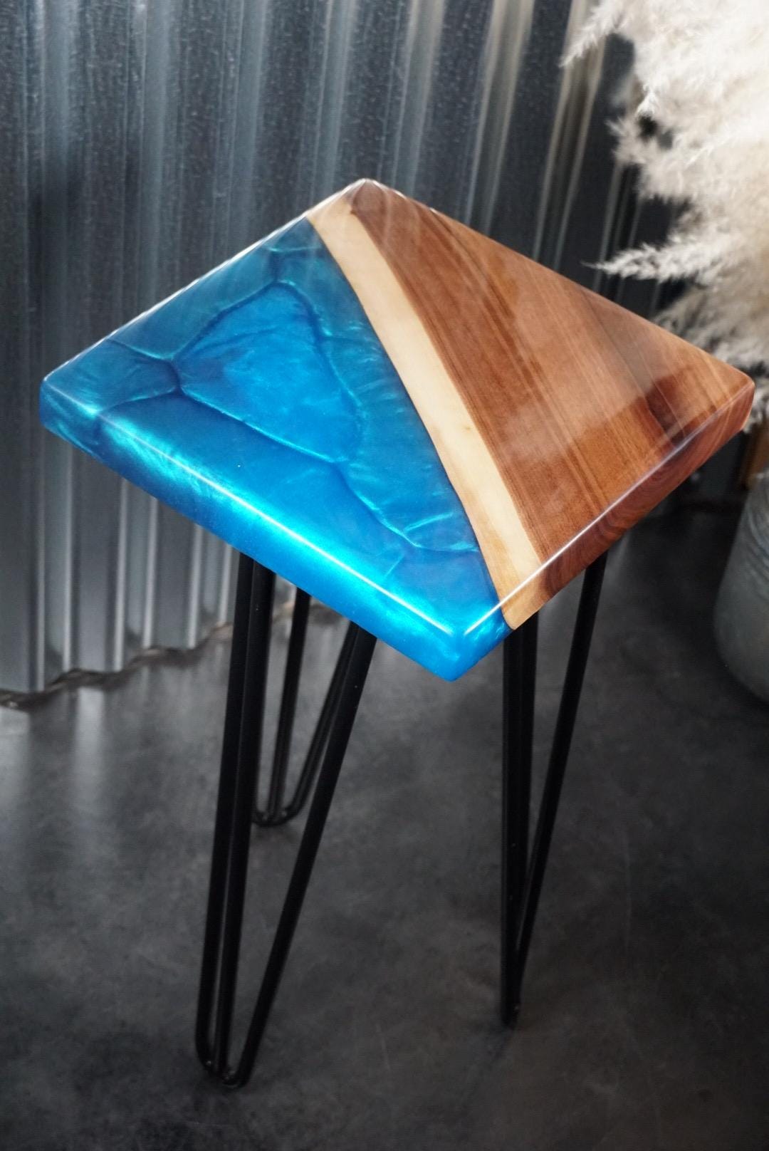 Blue Epoxy and Walnut Wood Accent Table, Side Table, End Table