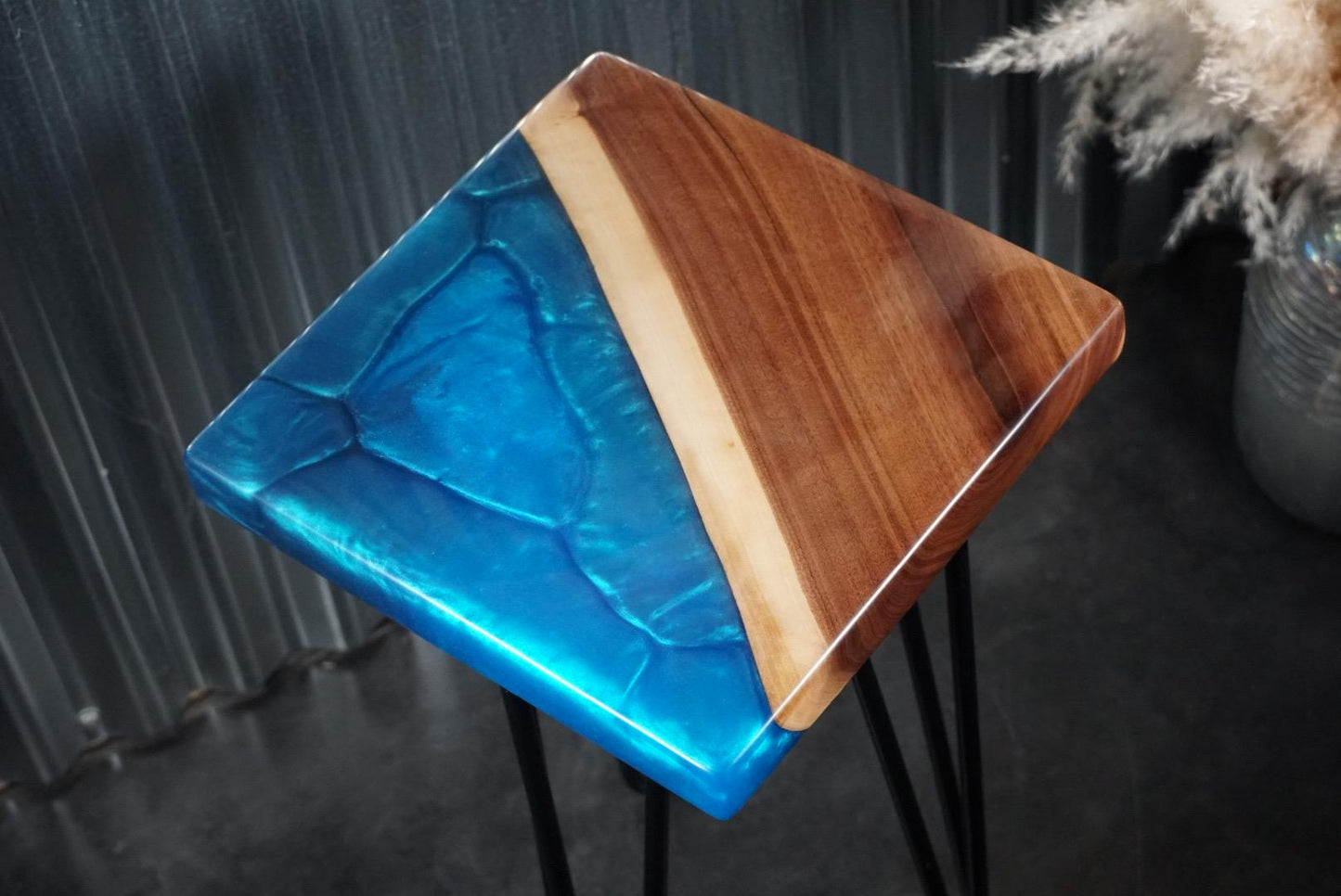 Blue Epoxy and Walnut Wood Accent Table, Side Table, End Table