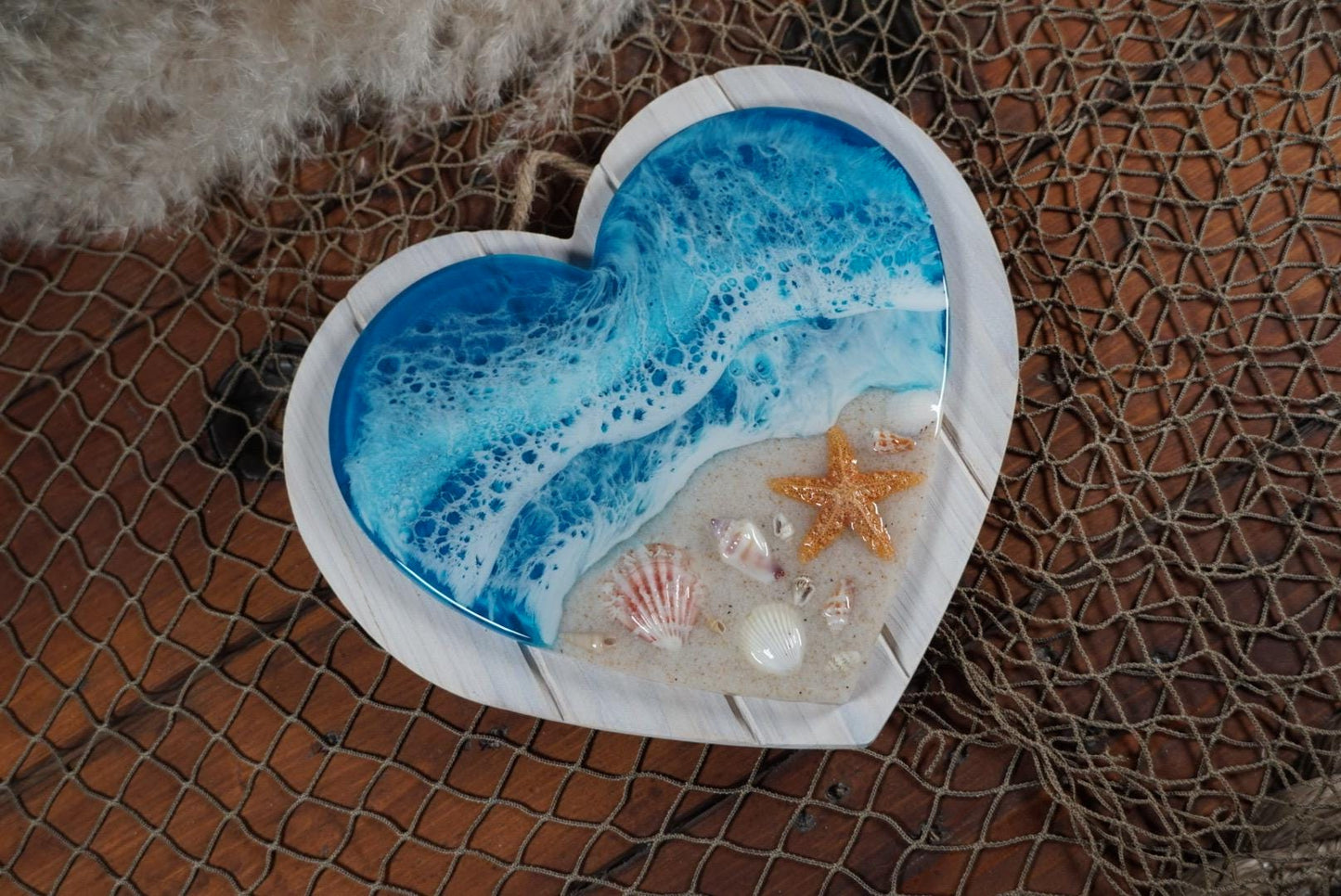 Ocean Sea Shell Heart White Wash Wood | Ocean Decor | Epoxy Resin