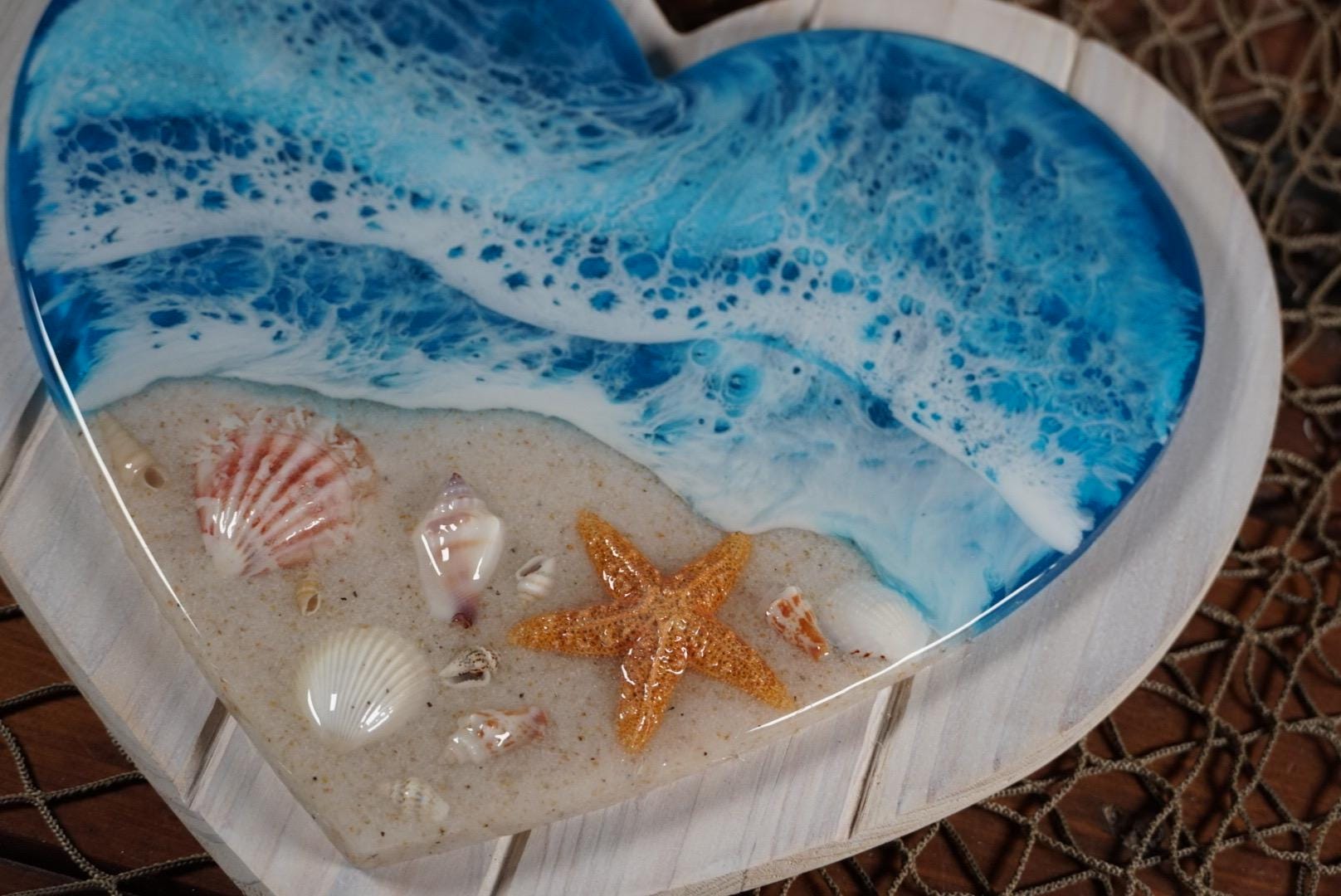 Ocean Sea Shell Heart White Wash Wood | Ocean Decor | Epoxy Resin