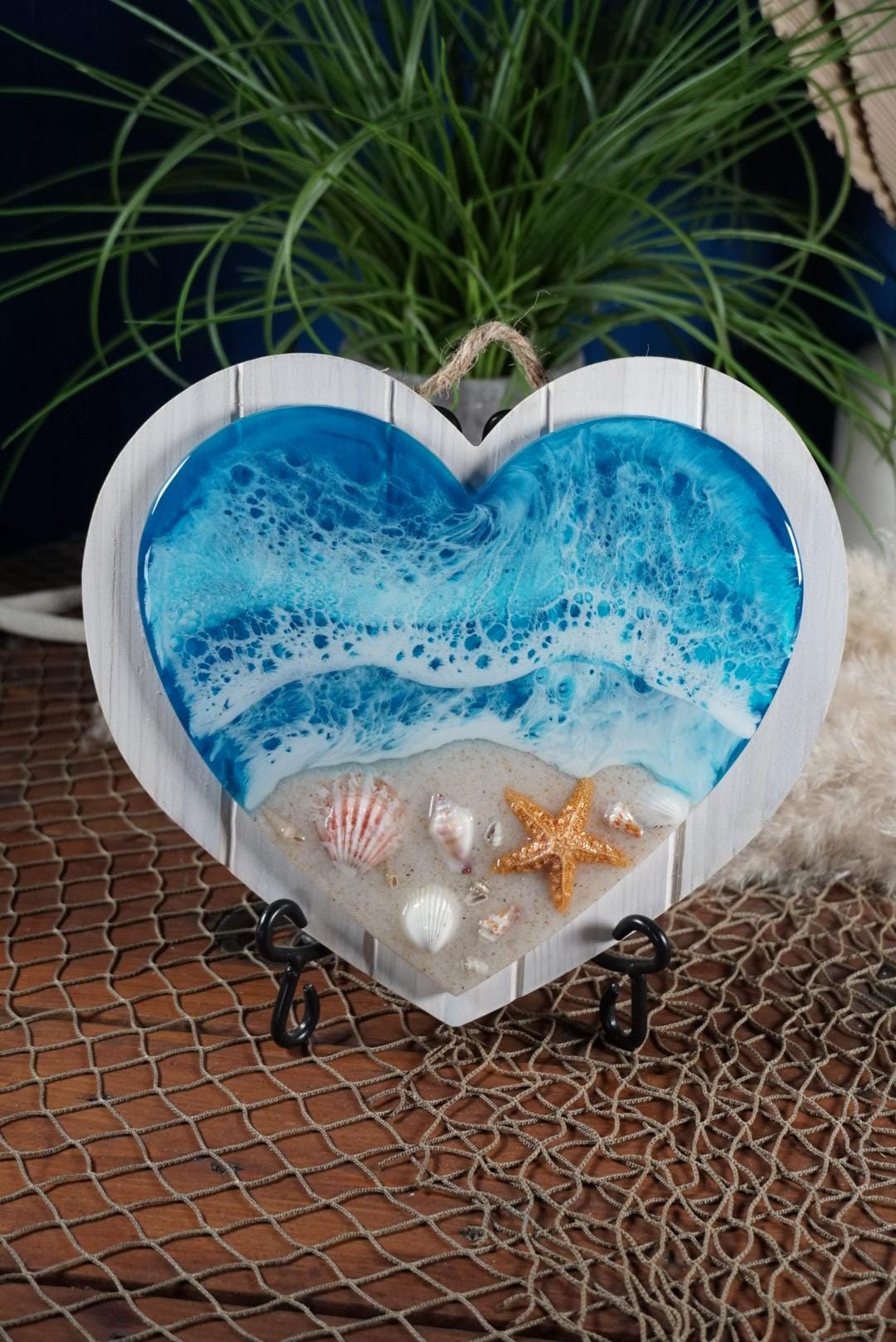 Ocean Sea Shell Heart White Wash Wood | Ocean Decor | Epoxy Resin