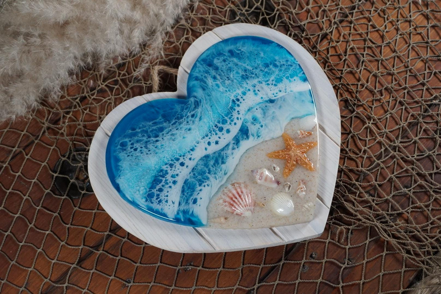 Ocean Sea Shell Heart White Wash Wood | Ocean Decor | Epoxy Resin