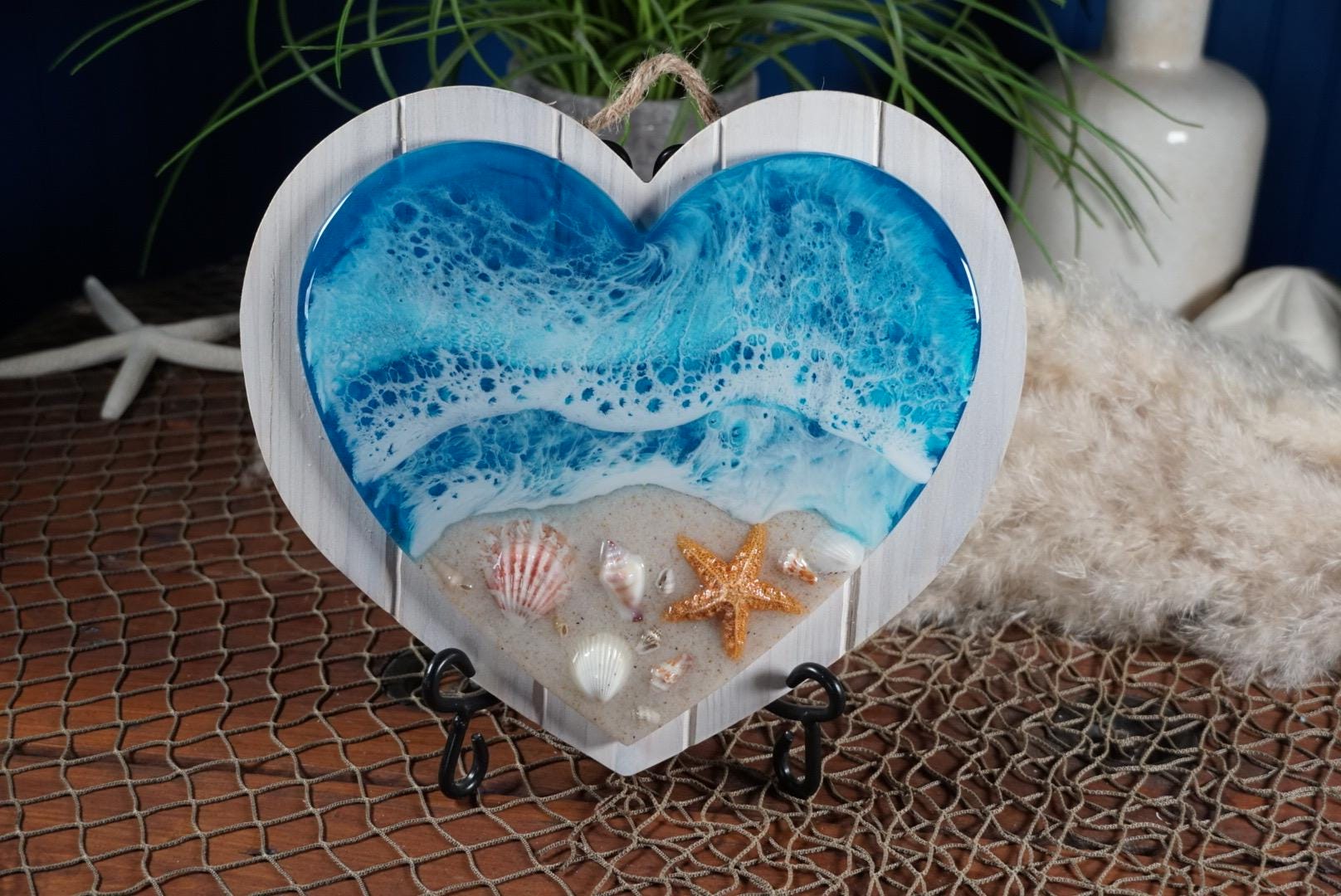 Ocean Sea Shell Heart White Wash Wood | Ocean Decor | Epoxy Resin