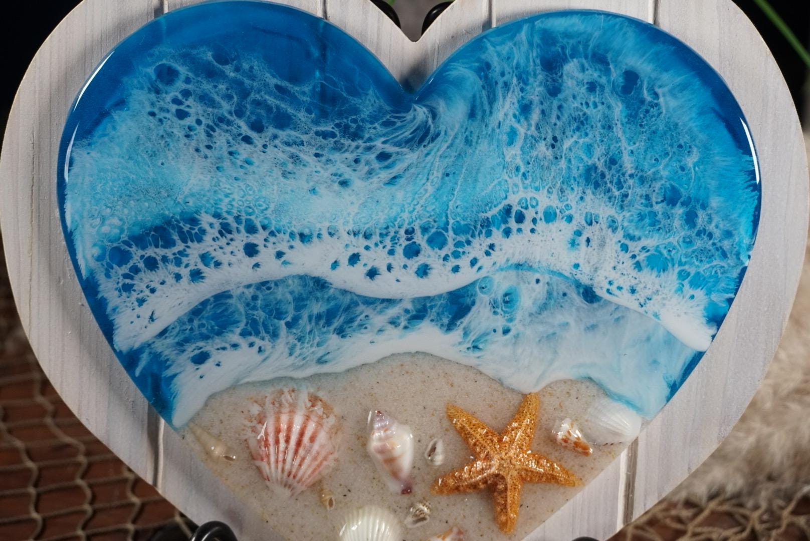 Ocean Sea Shell Heart White Wash Wood | Ocean Decor | Epoxy Resin