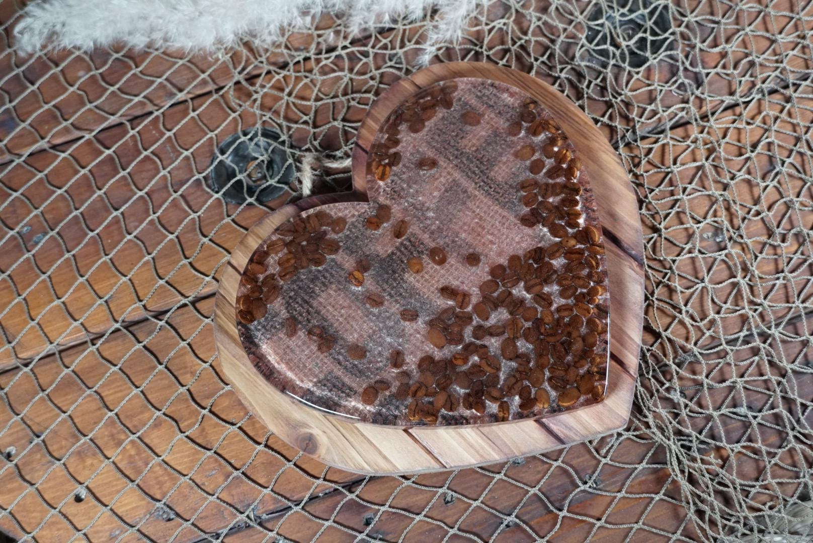 Coffee Bean Heart on Stained Wood | Coffee Decor | Epoxy Resin