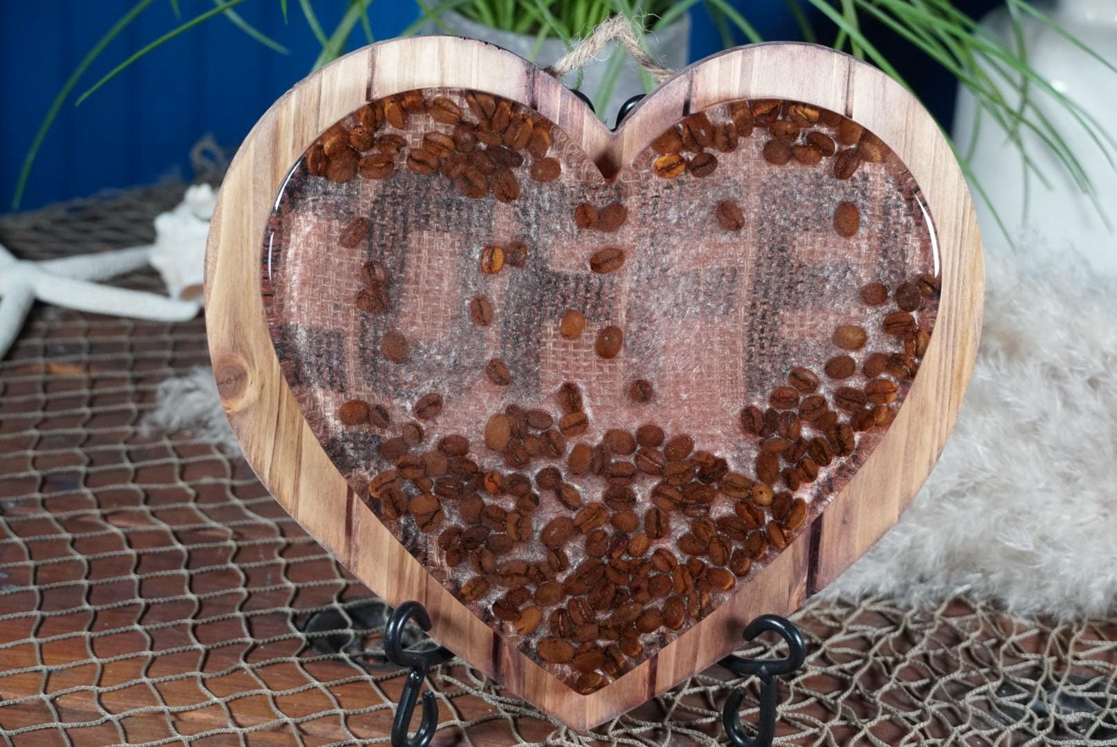 Coffee Bean Heart on Stained Wood | Coffee Decor | Epoxy Resin