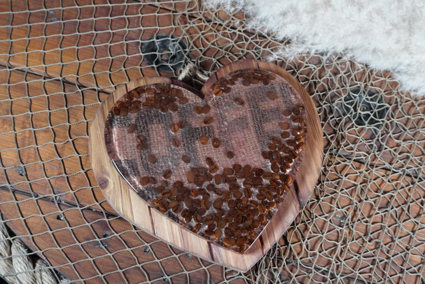 Coffee Bean Heart on Stained Wood | Coffee Decor | Epoxy Resin