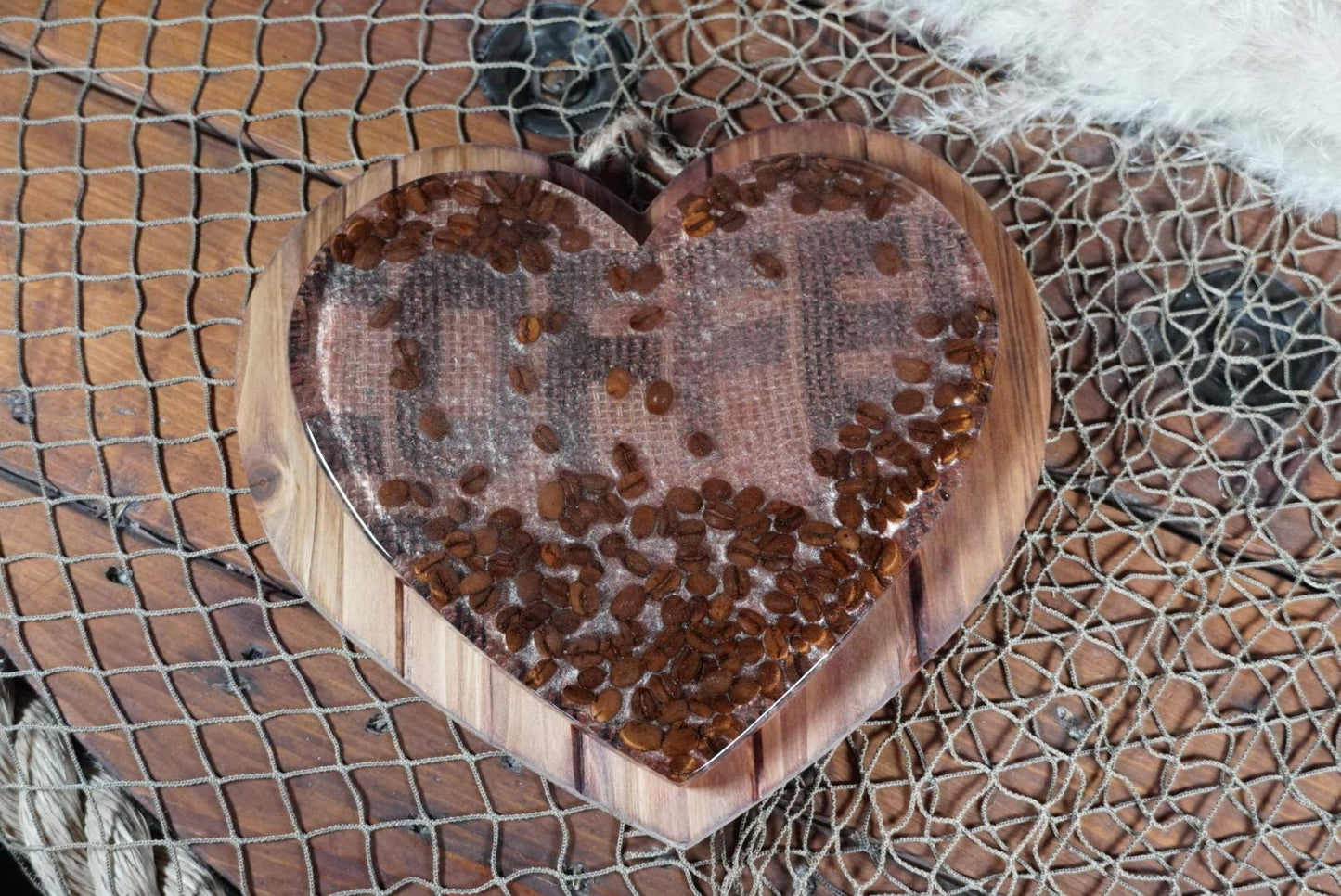 Coffee Bean Heart on Stained Wood | Coffee Decor | Epoxy Resin