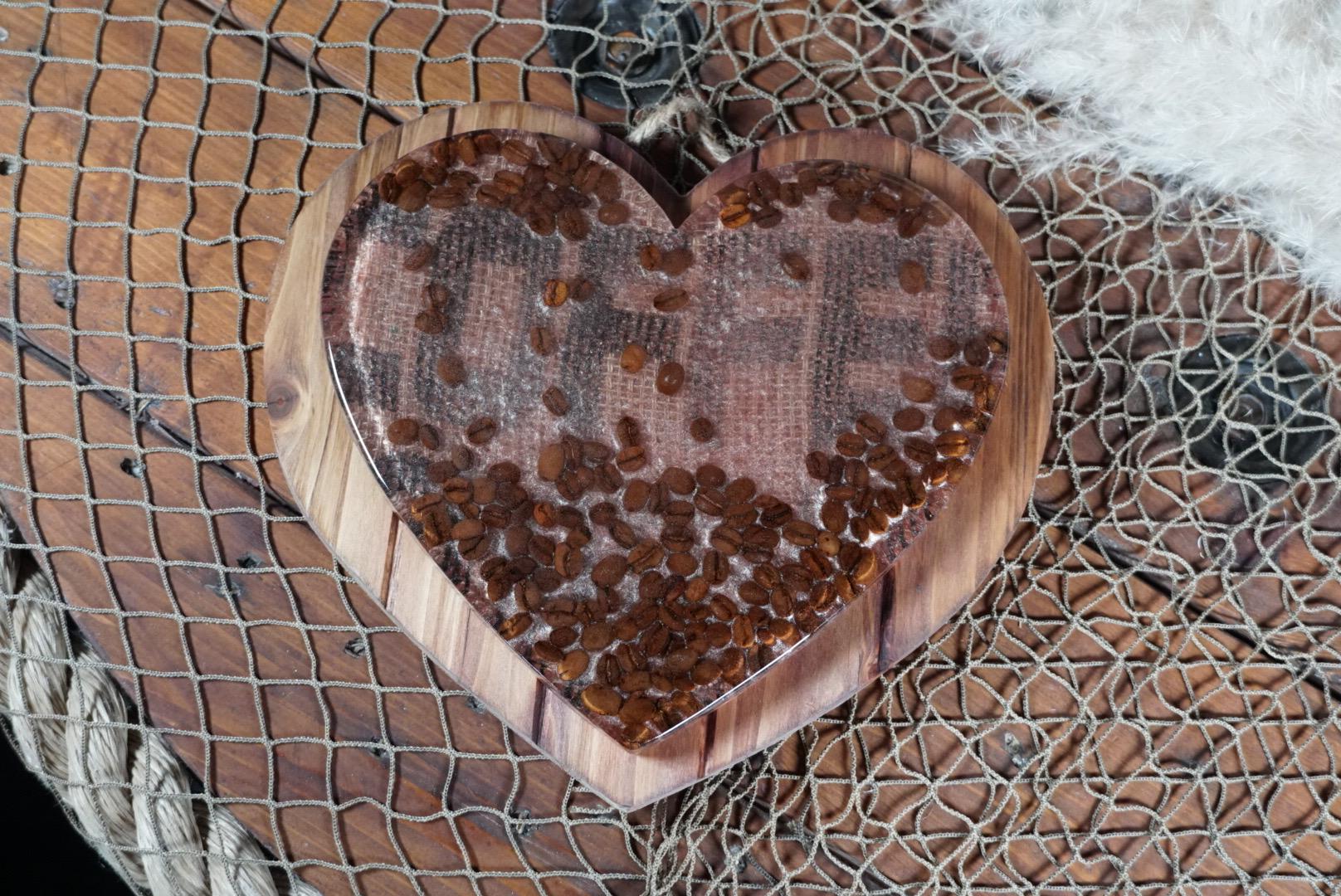 Coffee Bean Heart on Stained Wood | Coffee Decor | Epoxy Resin