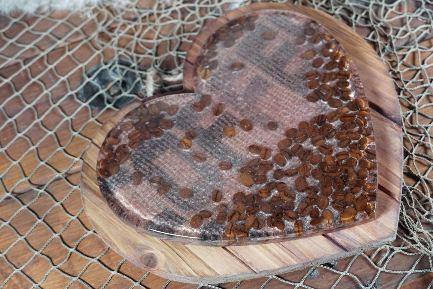 Coffee Bean Heart on Stained Wood | Coffee Decor | Epoxy Resin