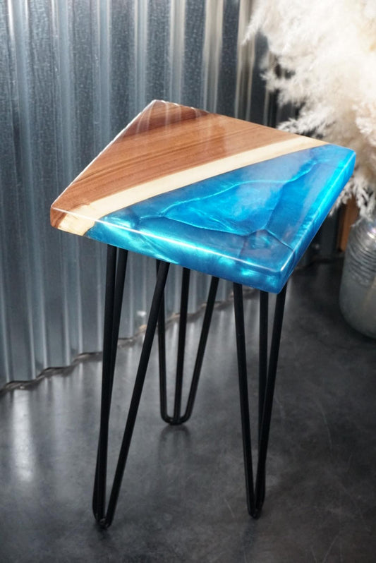 Blue Epoxy and Walnut Wood Accent Table, Side Table, End Table