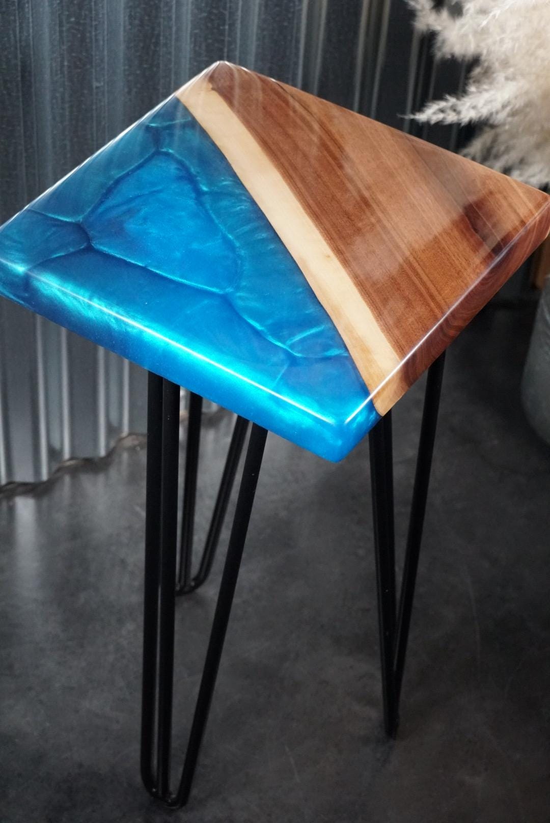 Blue Epoxy and Walnut Wood Accent Table, Side Table, End Table