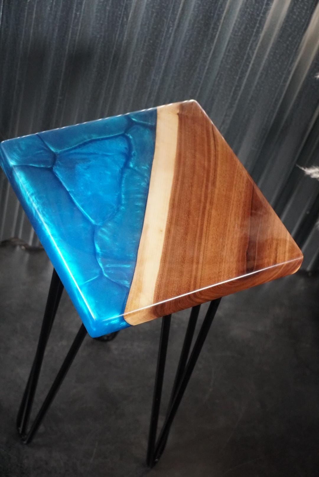 Blue Epoxy and Walnut Wood Accent Table, Side Table, End Table