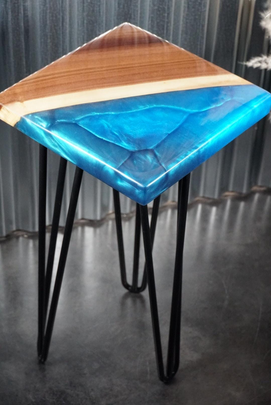 Blue Epoxy and Walnut Wood Accent Table, Side Table, End Table