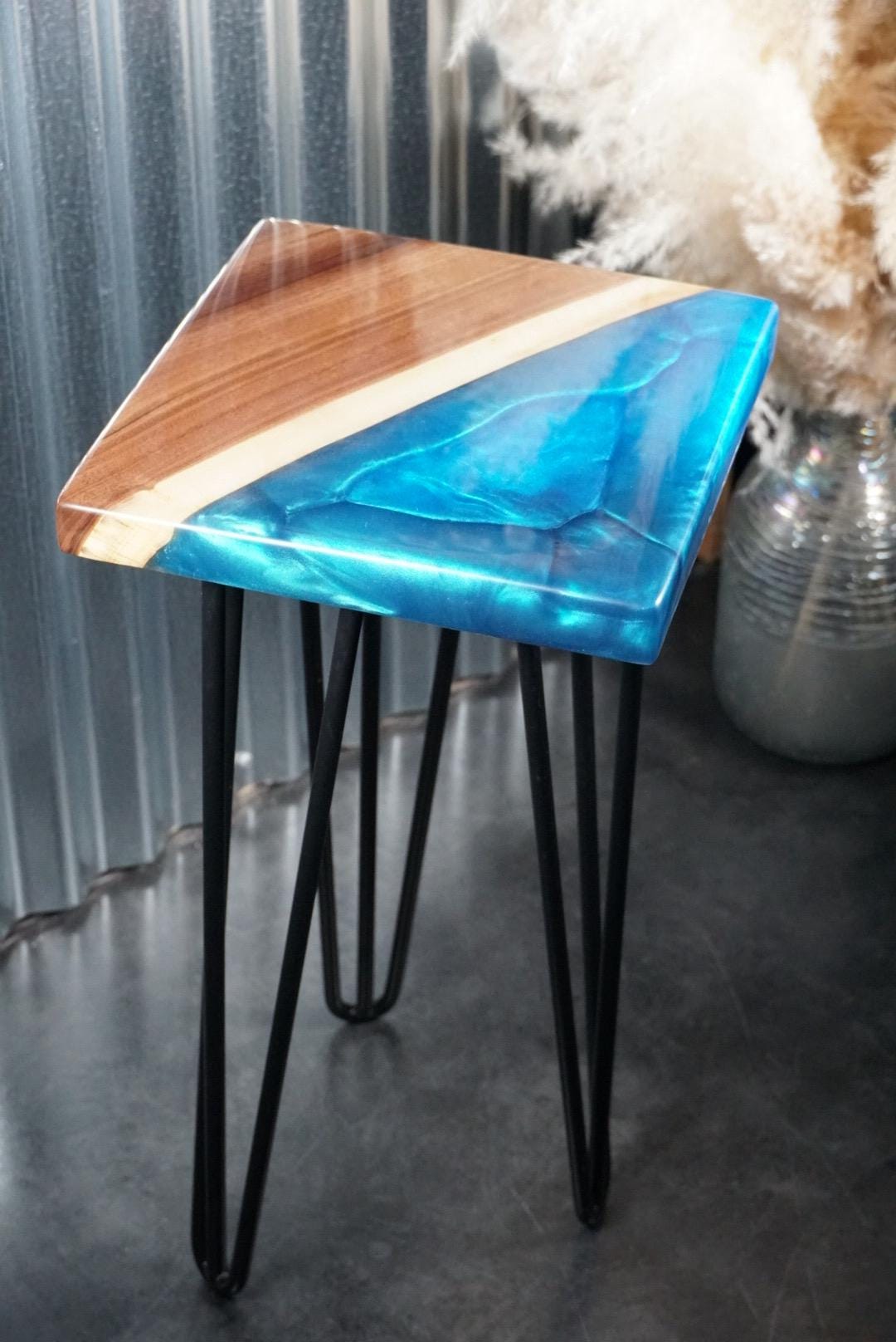 Blue Epoxy and Walnut Wood Accent Table, Side Table, End Table