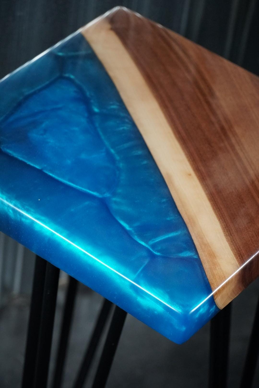 Blue Epoxy and Walnut Wood Accent Table, Side Table, End Table