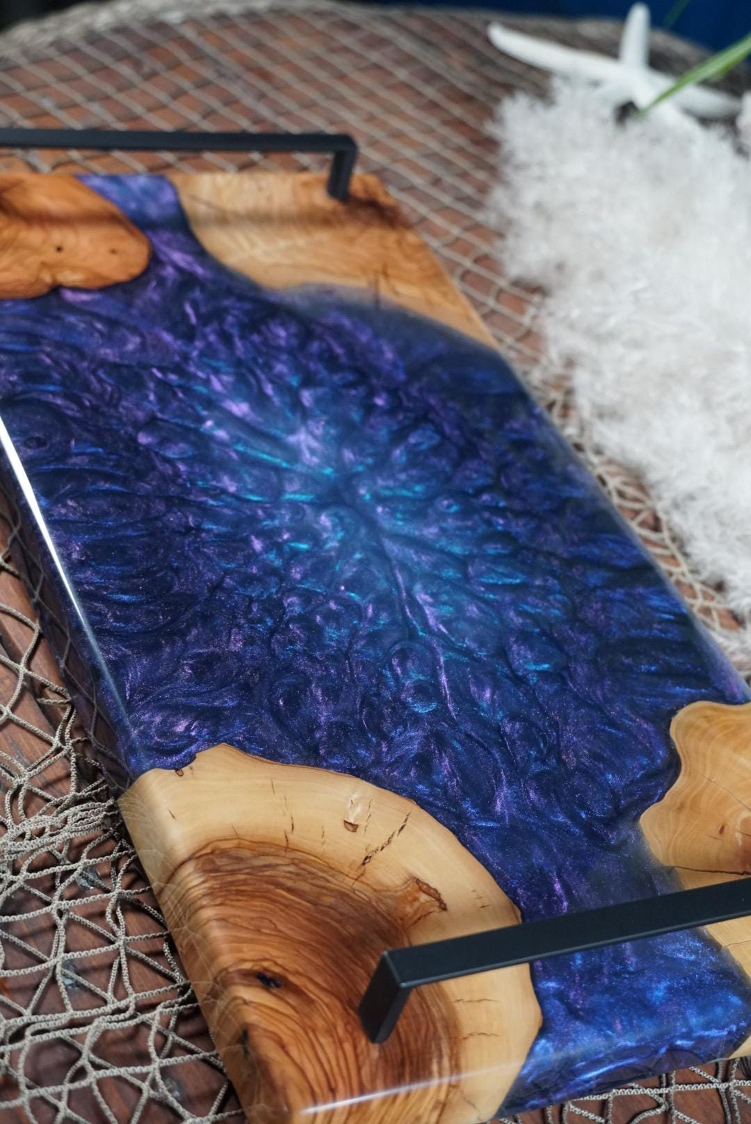 Olive Wood with Blue and Purple Epoxy Resin Charcuterie Board, serving board