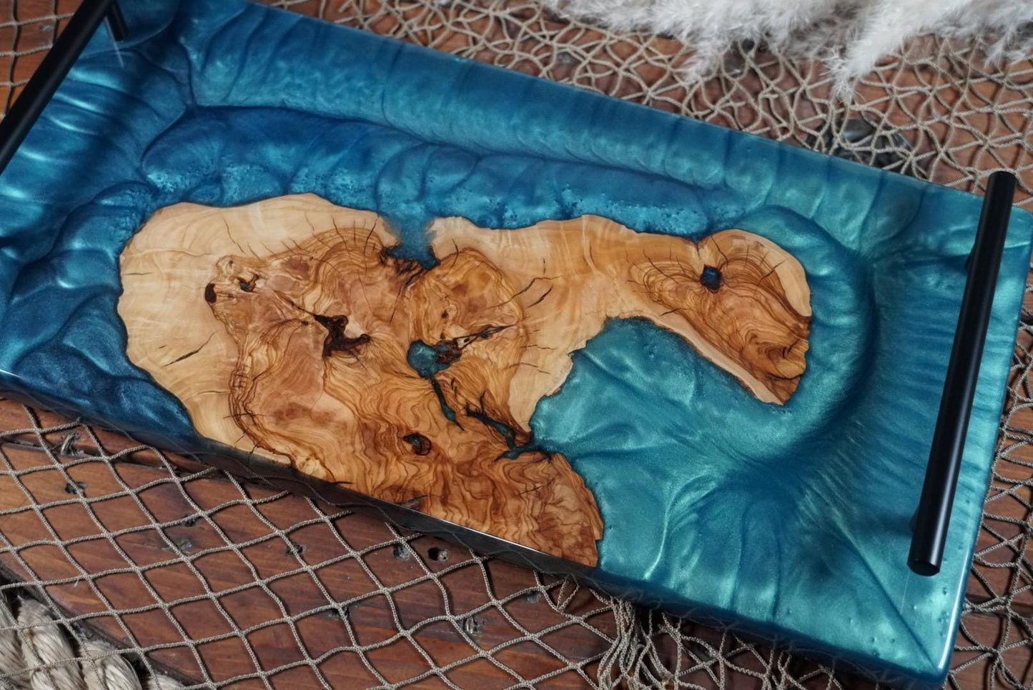 Olive Wood with Turqoise and Blue Epoxy Resin Charcuterie Board, serving board