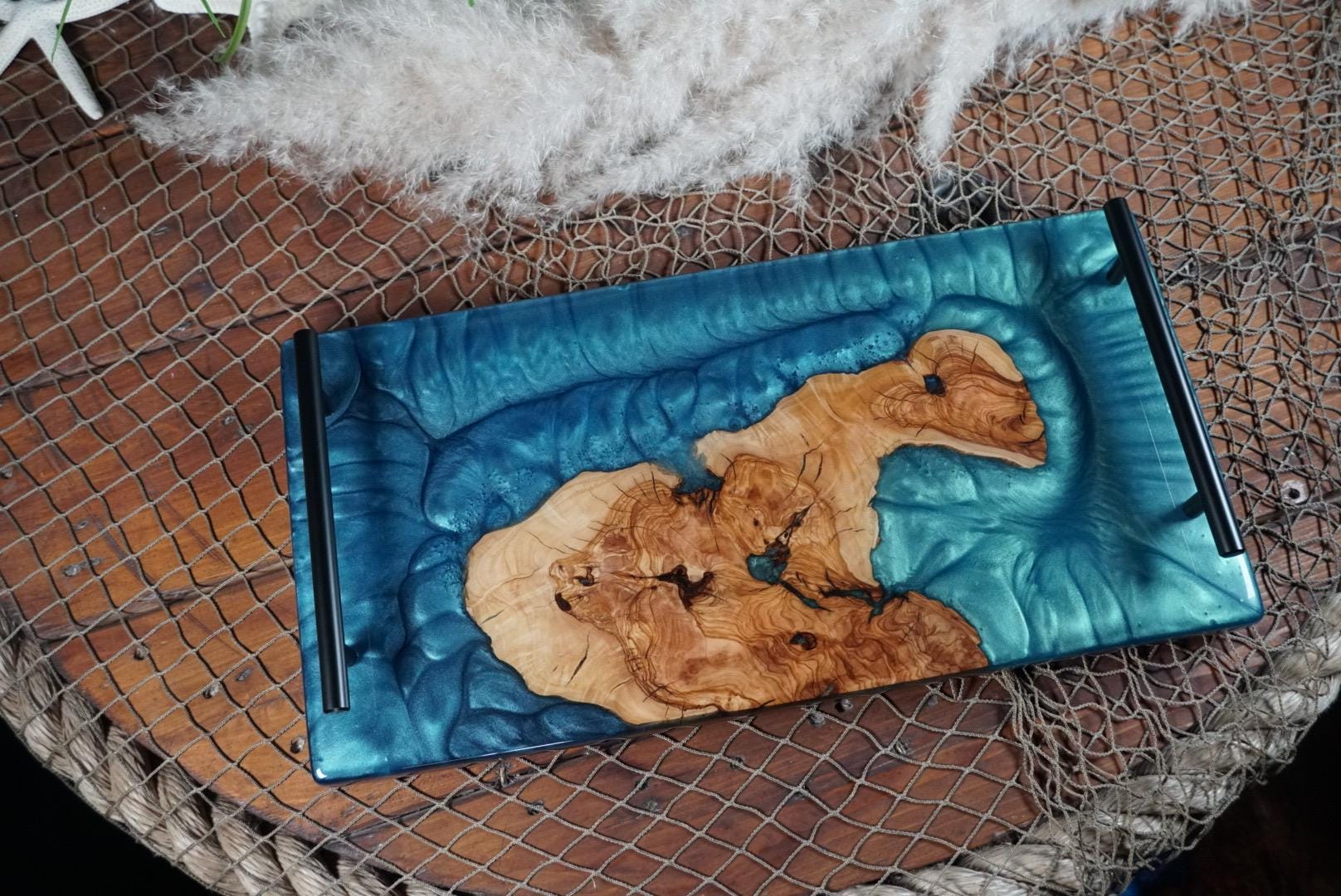 Olive Wood with Turqoise and Blue Epoxy Resin Charcuterie Board, serving board