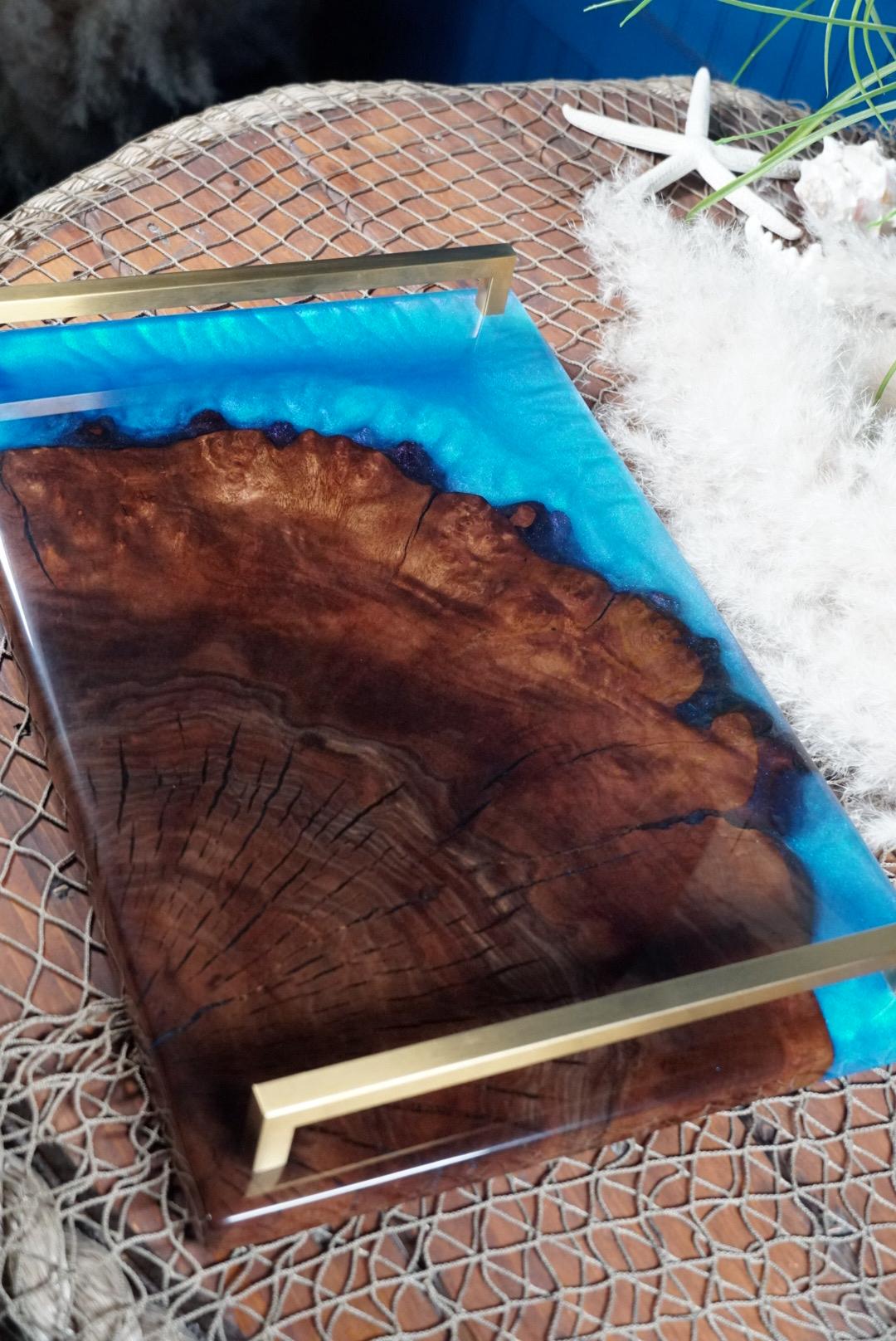 Walnut Burl Wood with Blue Epoxy Resin Charcuterie Board, serving board