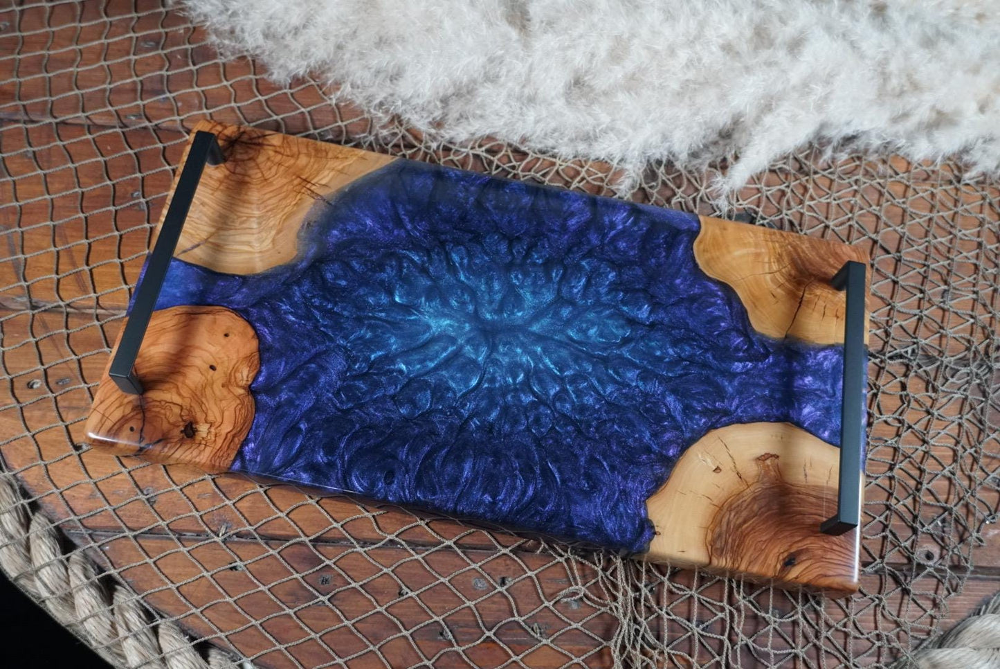 Olive Wood with Blue and Purple Epoxy Resin Charcuterie Board, serving board