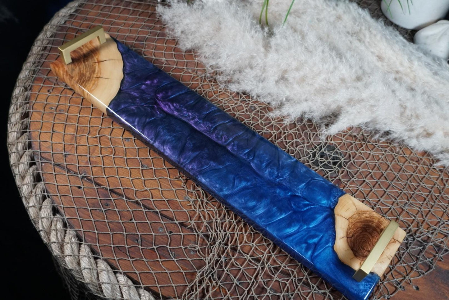 Olive Wood with Blue and Purple Epoxy Resin Charcuterie Board, serving board