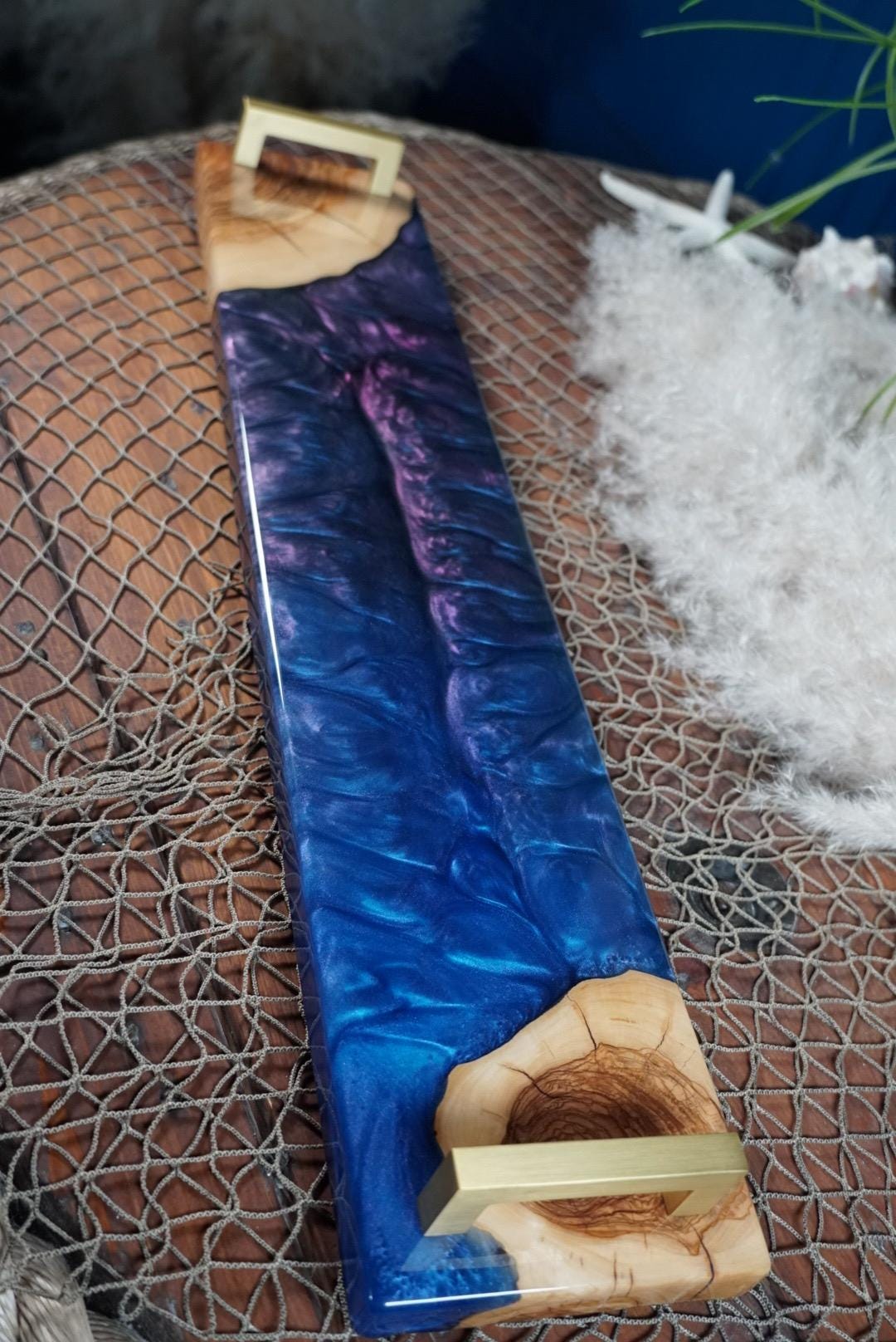 Olive Wood with Blue and Purple Epoxy Resin Charcuterie Board, serving board