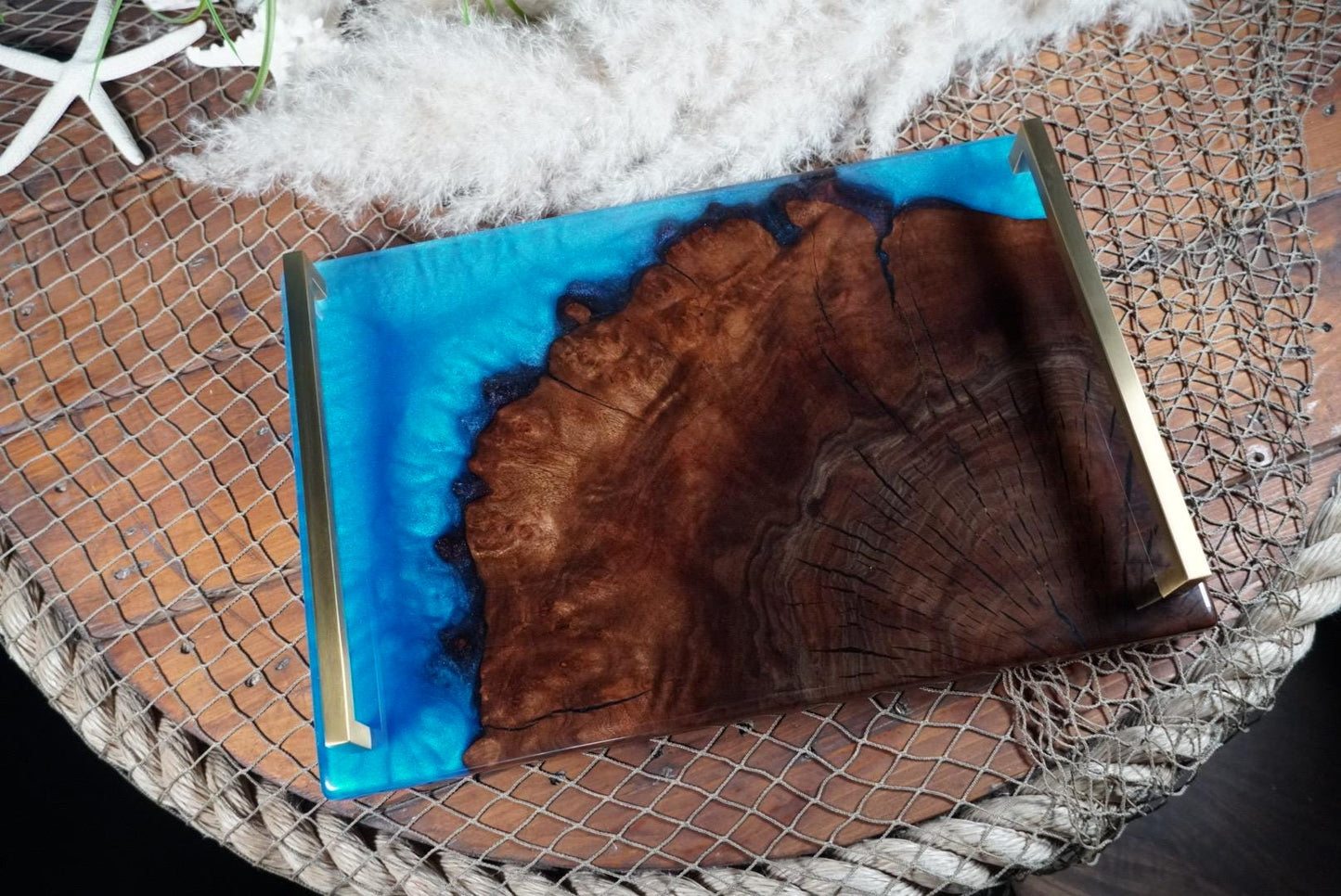 Walnut Burl Wood with Blue Epoxy Resin Charcuterie Board, serving board