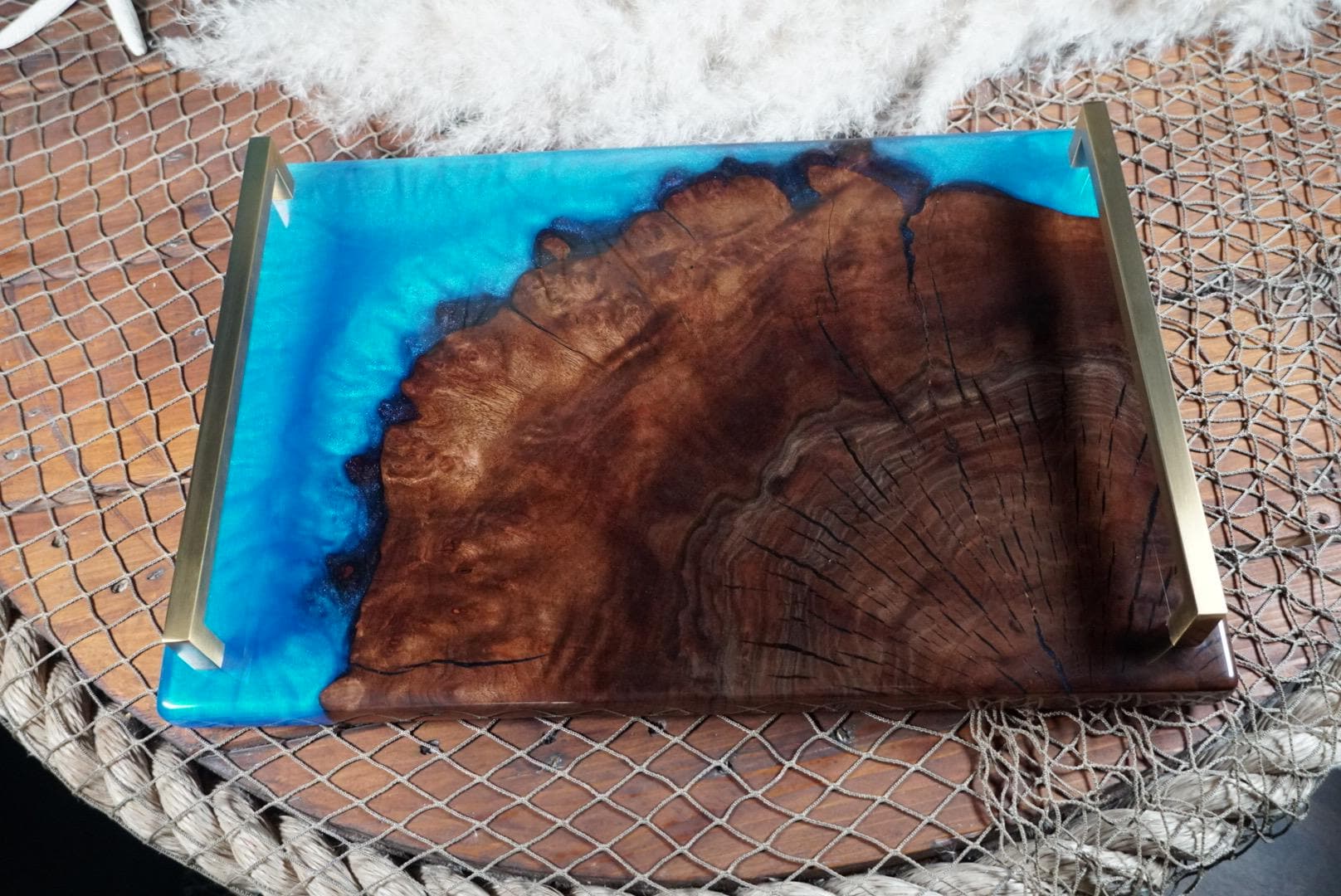 Walnut Burl Wood with Blue Epoxy Resin Charcuterie Board, serving board