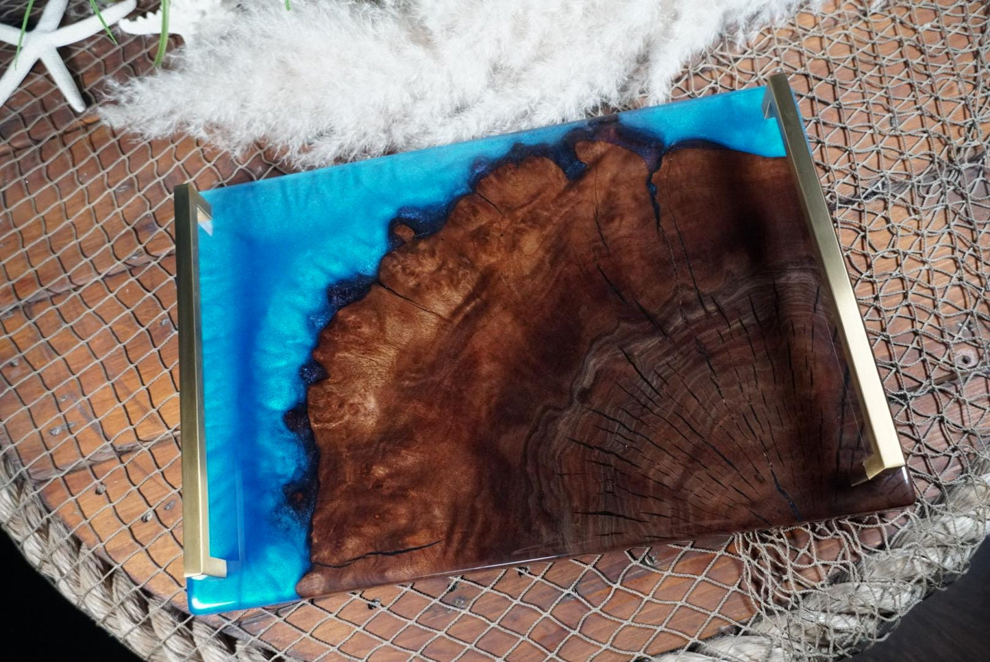 Walnut Burl Wood with Blue Epoxy Resin Charcuterie Board, serving board