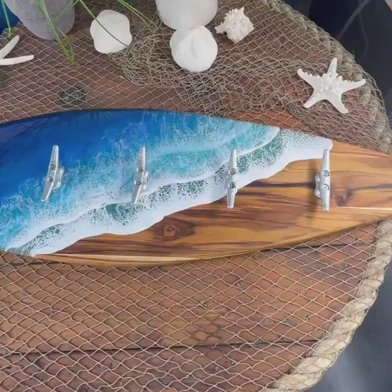 Ocean Waves Epoxy Resin Teak Surfboard with dock cleats