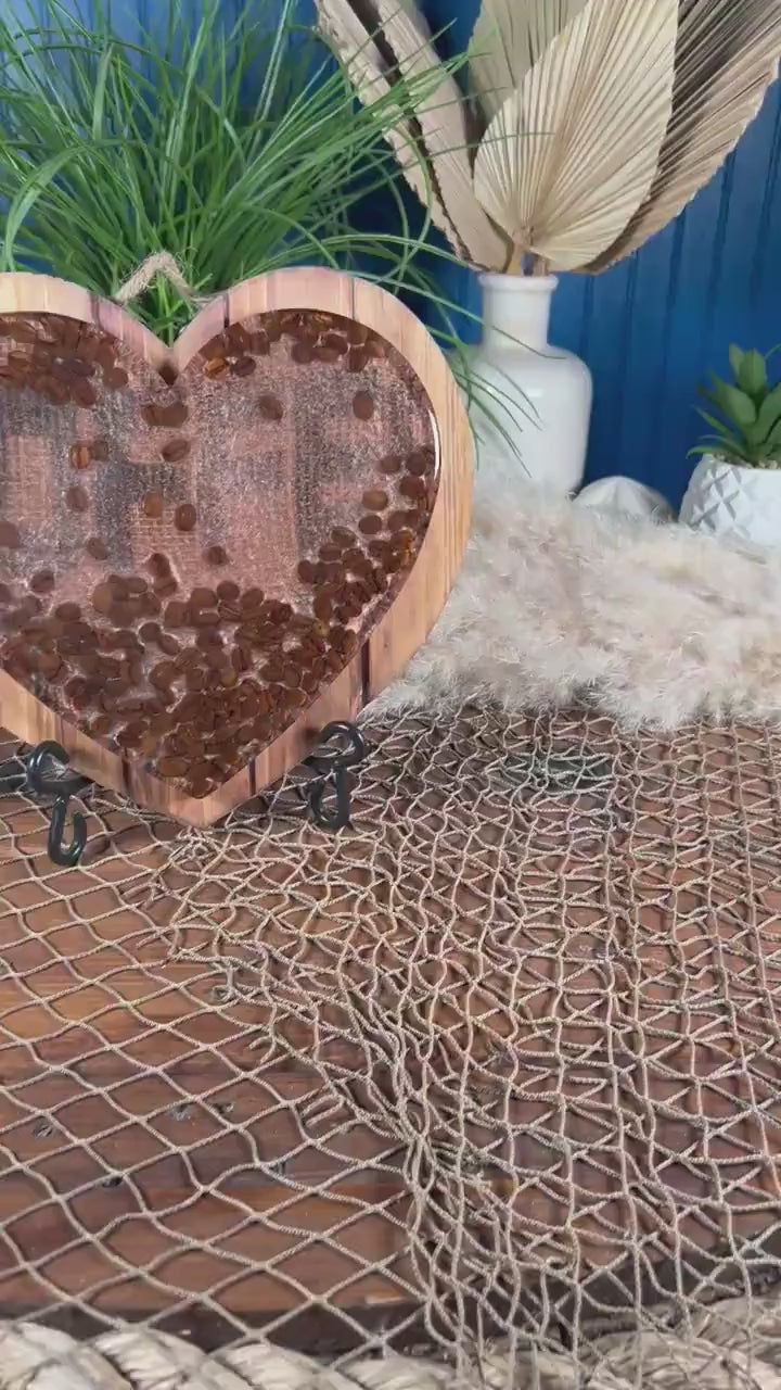 Coffee Bean Heart on Stained Wood | Coffee Decor | Epoxy Resin