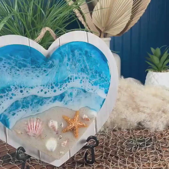 Ocean Sea Shell Heart White Wash Wood | Ocean Decor | Epoxy Resin