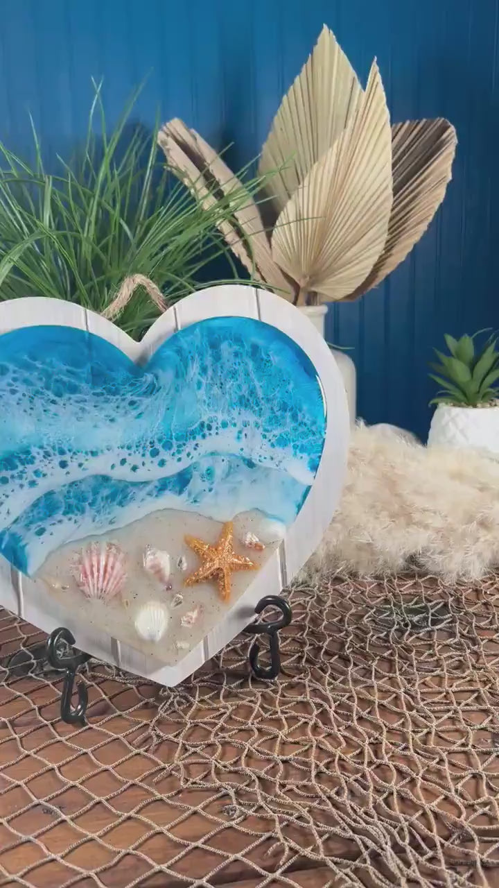 Ocean Sea Shell Heart White Wash Wood | Ocean Decor | Epoxy Resin