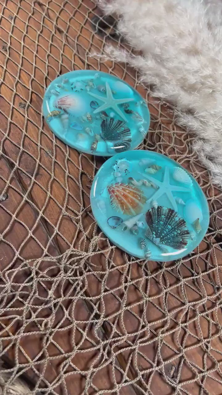 Turquoise Blue Tropical Ocean Sea Shell Resin Epoxy Coasters