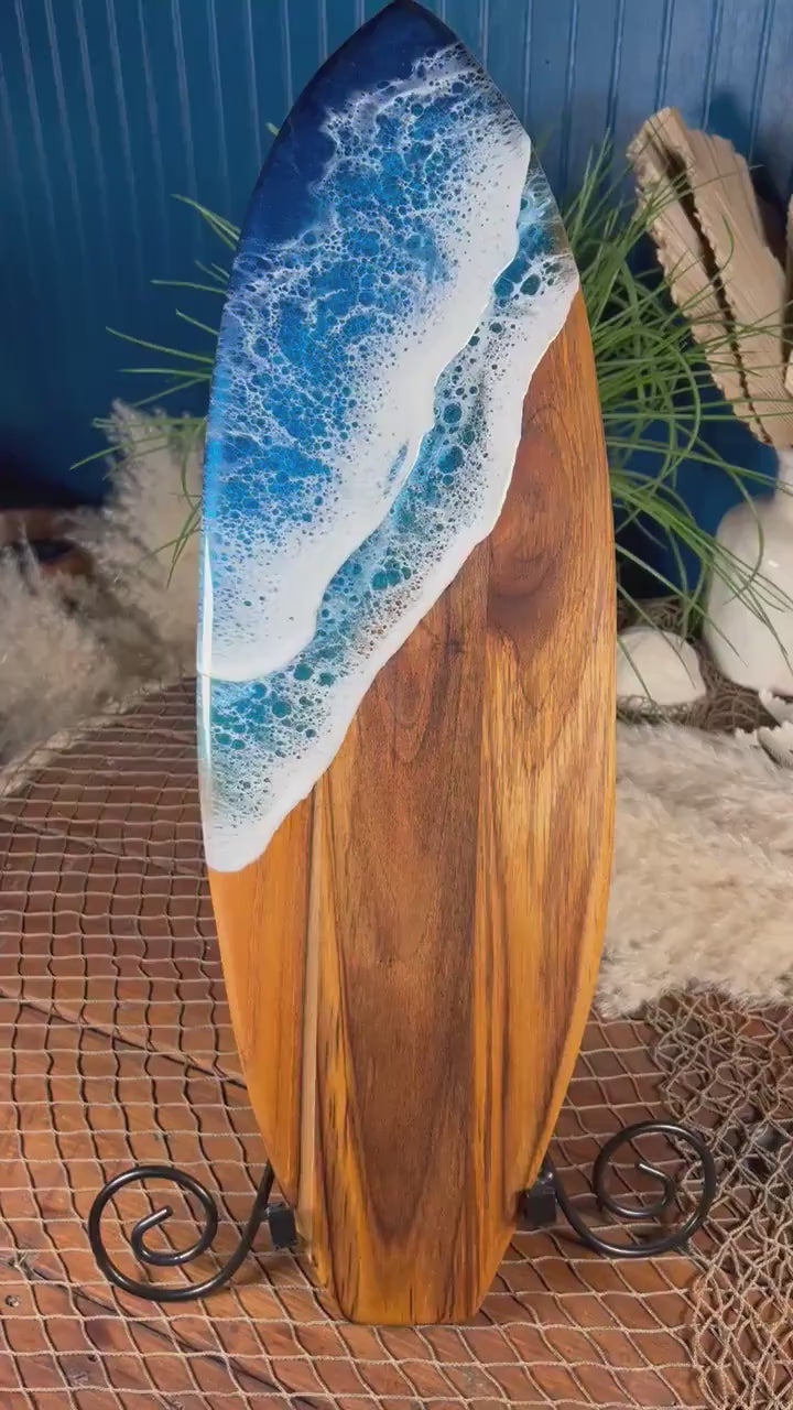 Teak Ocean Waves Resin Surfboard, Serving Tray, Charcuterie Board, Wall Art