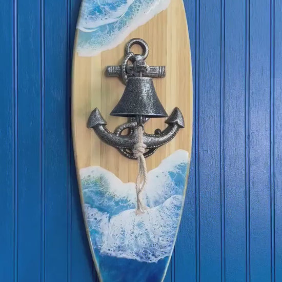Nautical Anchor Bell Surfboard with Ocean Waves,  Wall Art