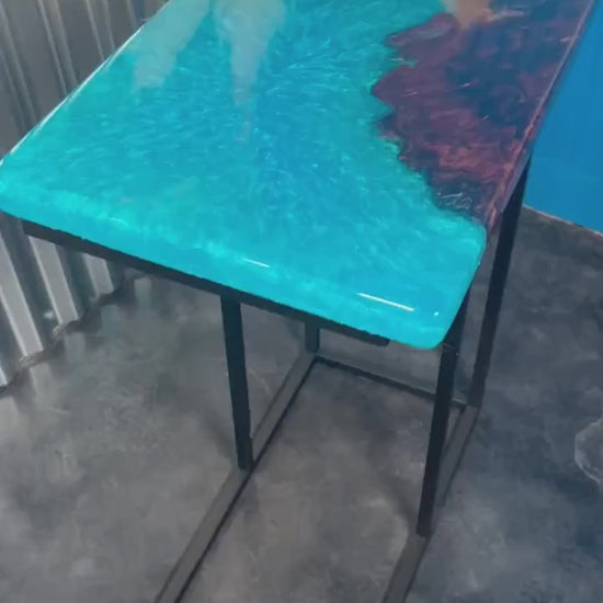 Turquoise Blue Walnut Wood Accent Table, Side Table, End Table, C-Table