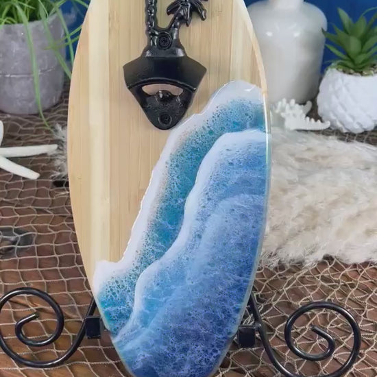 Surfboard Palm Tree Bottle Opener with Resin Waves